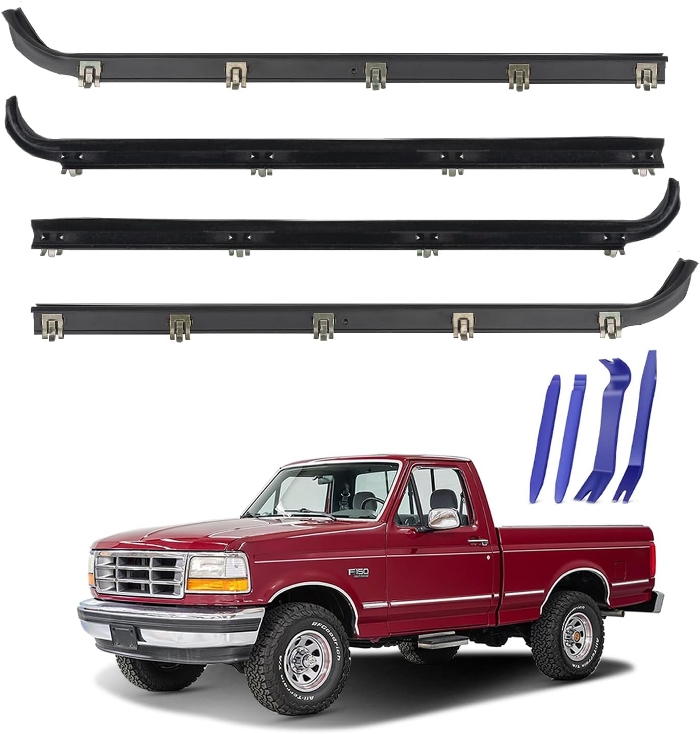 Blearen Window Molding Sweep Felt Trim Seal for 1987-1997 Ford F150 | 4PCS Front Inner & Outer Door Weatherstrip Window Seal Belt for F250 F350 Bronco, Replace E7TZ1521452A