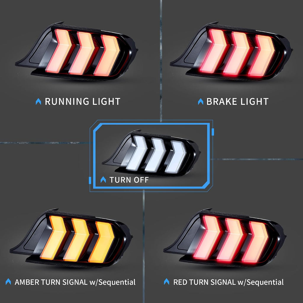 Blearen LED Rear Lights Compatible with Mustang 2015-2023 w/Sequential Turn Signal (5-Modes Switchable Lighting), Clear Lens Taillight Assembly, Passenger&Driver Sides (Clear)