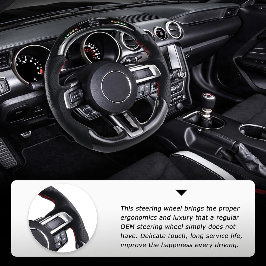 Blearen LOSCHEN Carbon Fiber Steering Wheel for Mustang EcoBoost/GT/Shelby GT350/GT350R 2015-2017, Real Carbon Fiber Nappa Perforated Leather, LED Display Shift Indicator Steering Wheel for Mustang 2015-2017