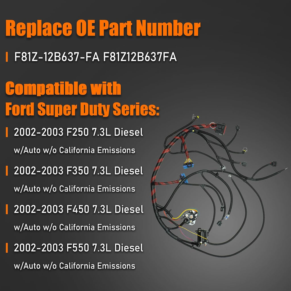 Blearen F81Z-12B637-FA 7.3 Powerstroke Engine Wiring Harness for 2002 2003 Ford F250 F350 F450 F550 Super Duty 7.3L V8 Engine Wire Harness F81Z12B637FA