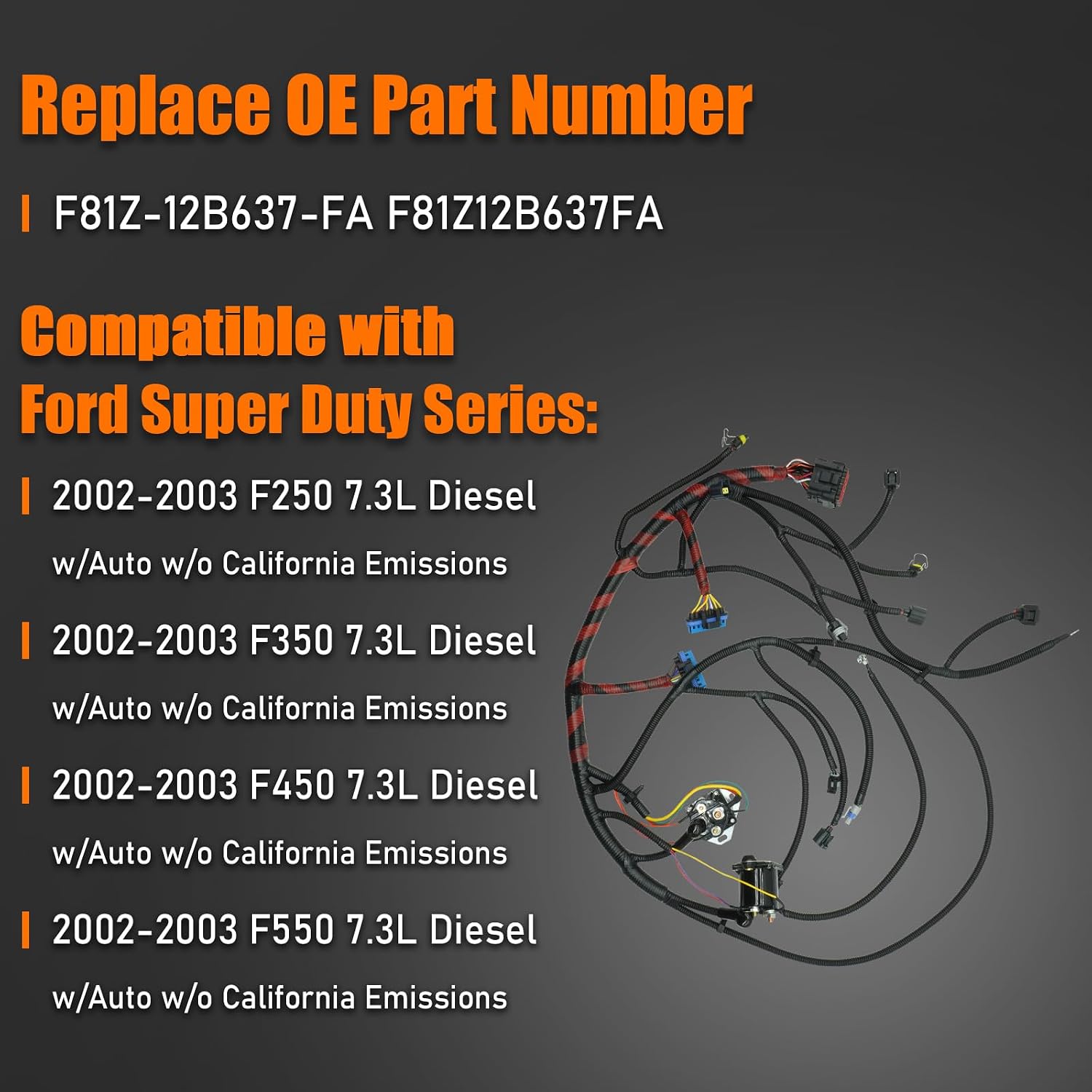 Blearen F81Z-12B637-FA 7.3 Powerstroke Engine Wiring Harness for 2002 2003 Ford F250 F350 F450 F550 Super Duty 7.3L V8 Engine Wire Harness F81Z12B637FA