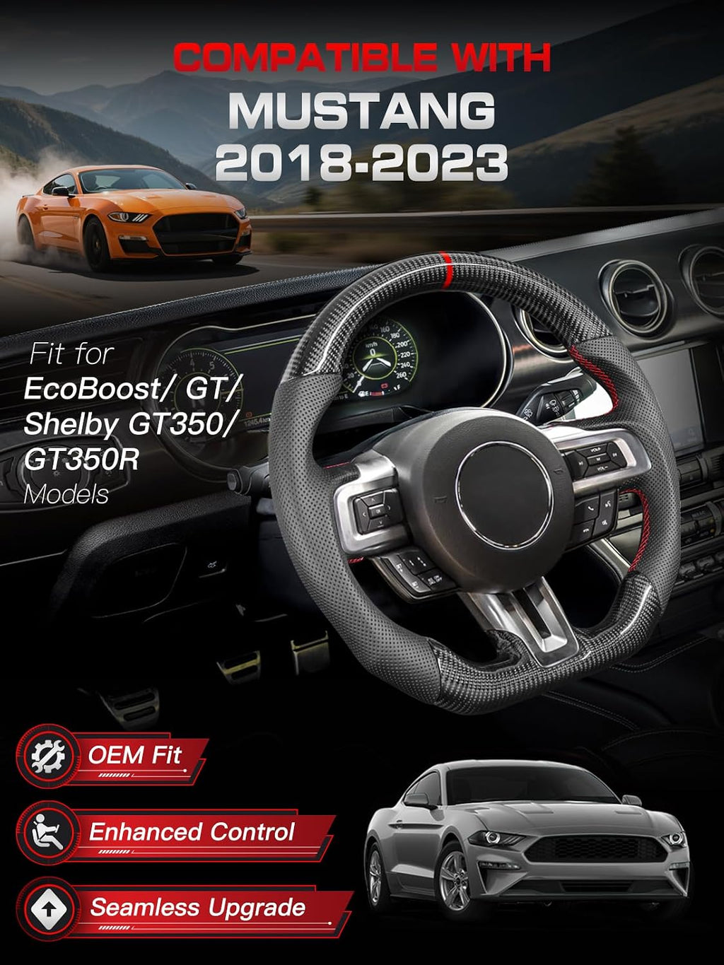 Blearen Real Carbon Fiber Steering Wheel for Ford Mustang 2018-2023 | D-Shape Flat Bottom, Premium Nappa Leather with Red Stripe & Hand-Stitching, for EcoBoost/GT/Shelby GT350&GT350R