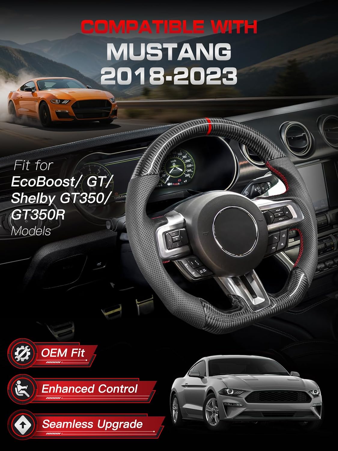 Blearen Real Carbon Fiber Steering Wheel for Ford Mustang 2018-2023 | D-Shape Flat Bottom, Premium Nappa Leather with Red Stripe & Hand-Stitching, for EcoBoost/GT/Shelby GT350&GT350R