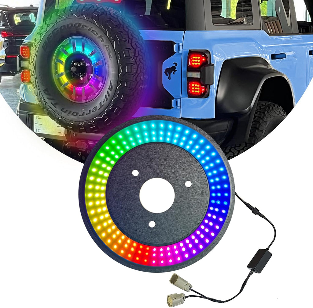 Blearen RGB Spare Tire Brake Light for Ford Bronco 2021 2022 2023 2024 Bluetooth Control RGB Running Lights & Red LED 3rd Third Brake Light, Plug-N-Play Rear Wheel Lights, High Mount Rear Brake Tail Light