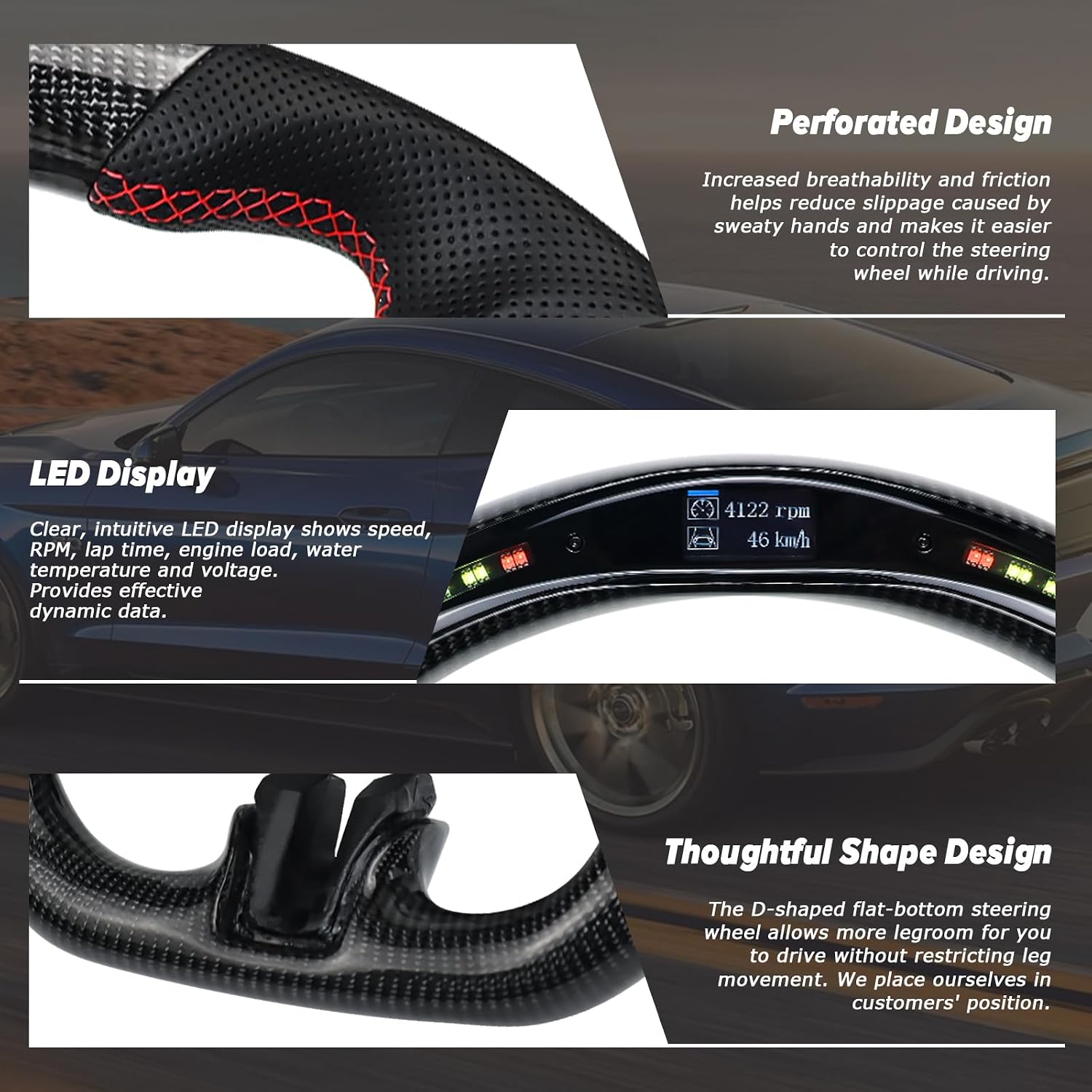 Blearen LOSCHEN Carbon Fiber Steering Wheel for Mustang EcoBoost/GT/Shelby GT350/GT350R 2015-2017, Real Carbon Fiber Nappa Perforated Leather, LED Display Shift Indicator Steering Wheel for Mustang 2015-2017