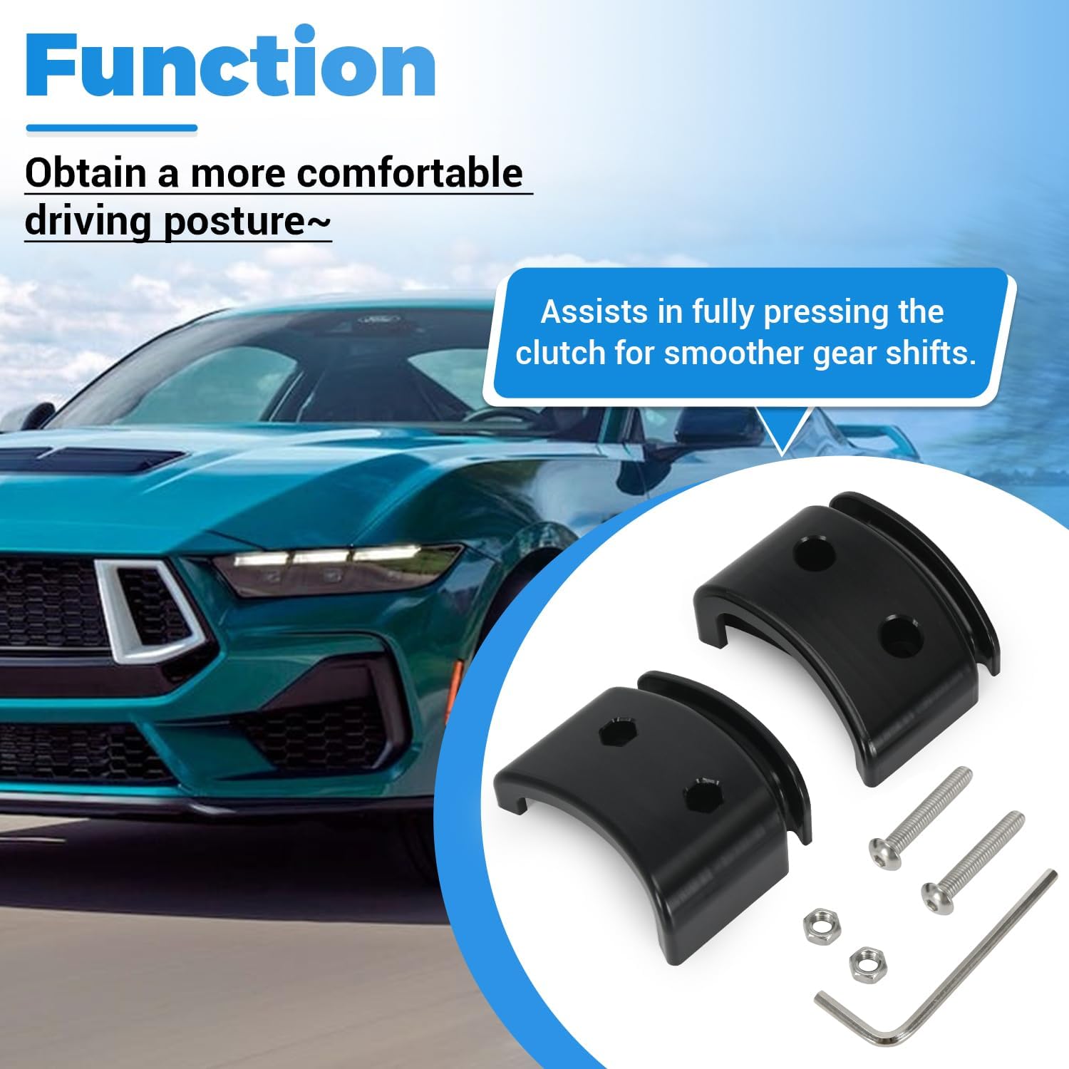 Blearen 1.5" Aluminum Clutch Pedal Pad Extender Compatible with 1994–2023 Ford Mustang Manual Transmission, E-Z Clutch Pedal Extension Plate, Improves Clutch Reach & Driving Comfort