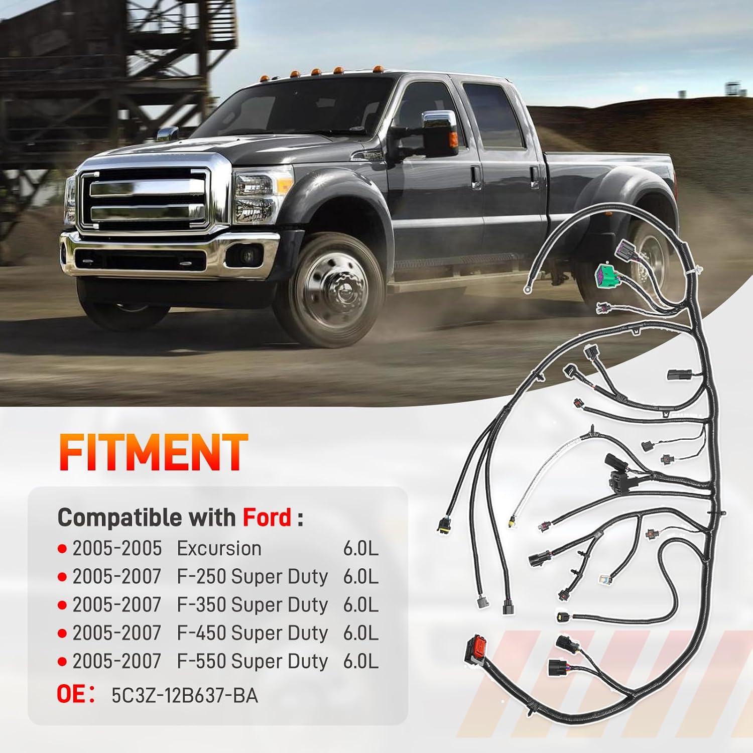 Blearen Engine Wiring Harness 6.0 L Diesel Engine Wire Cable Drive Compatible with Ford Super Duty F250 F350 F450 F550 V8 2005 2006 2007 Replace# 5C3Z-12B637-BA 5C3Z12B637BA