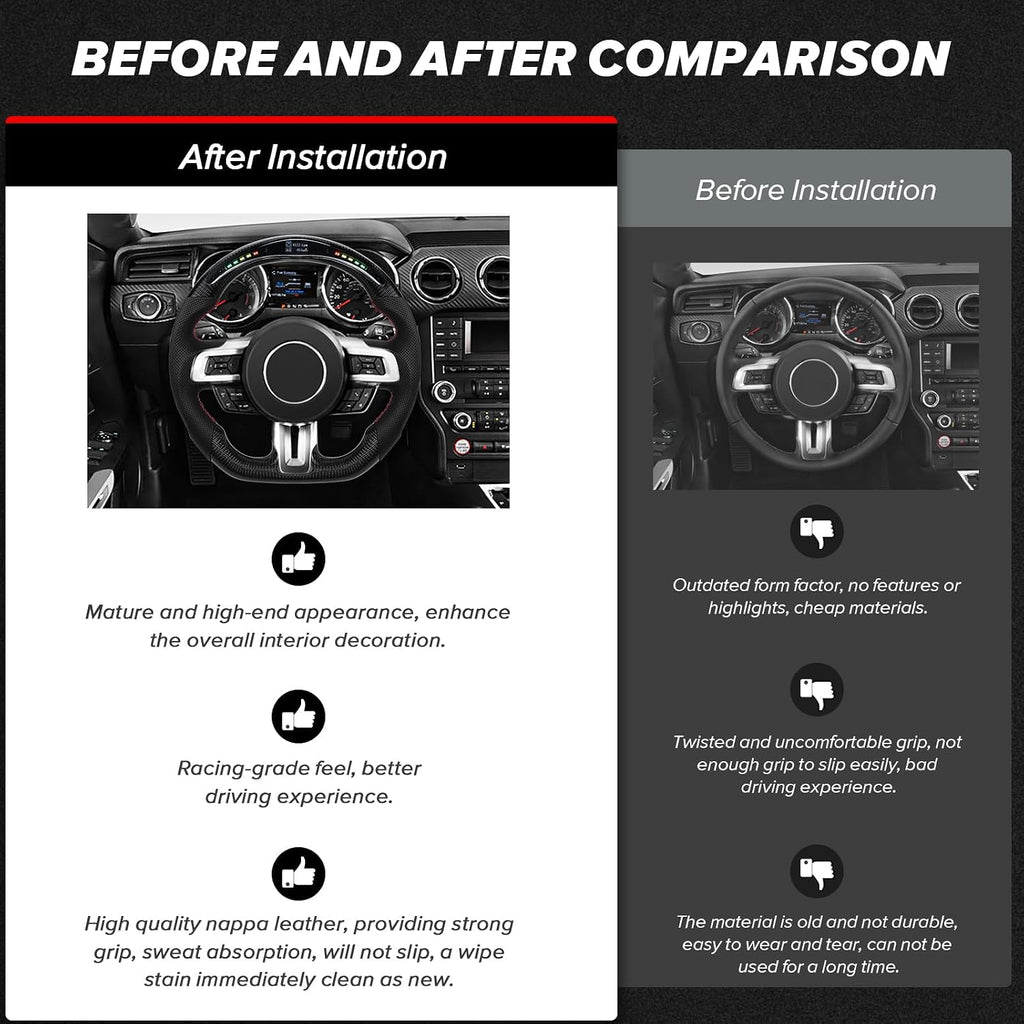 Blearen LOSCHEN Carbon Fiber Steering Wheel for Mustang EcoBoost/GT/Shelby GT350/GT350R 2015-2017, Real Carbon Fiber Nappa Perforated Leather, LED Display Shift Indicator Steering Wheel for Mustang 2015-2017