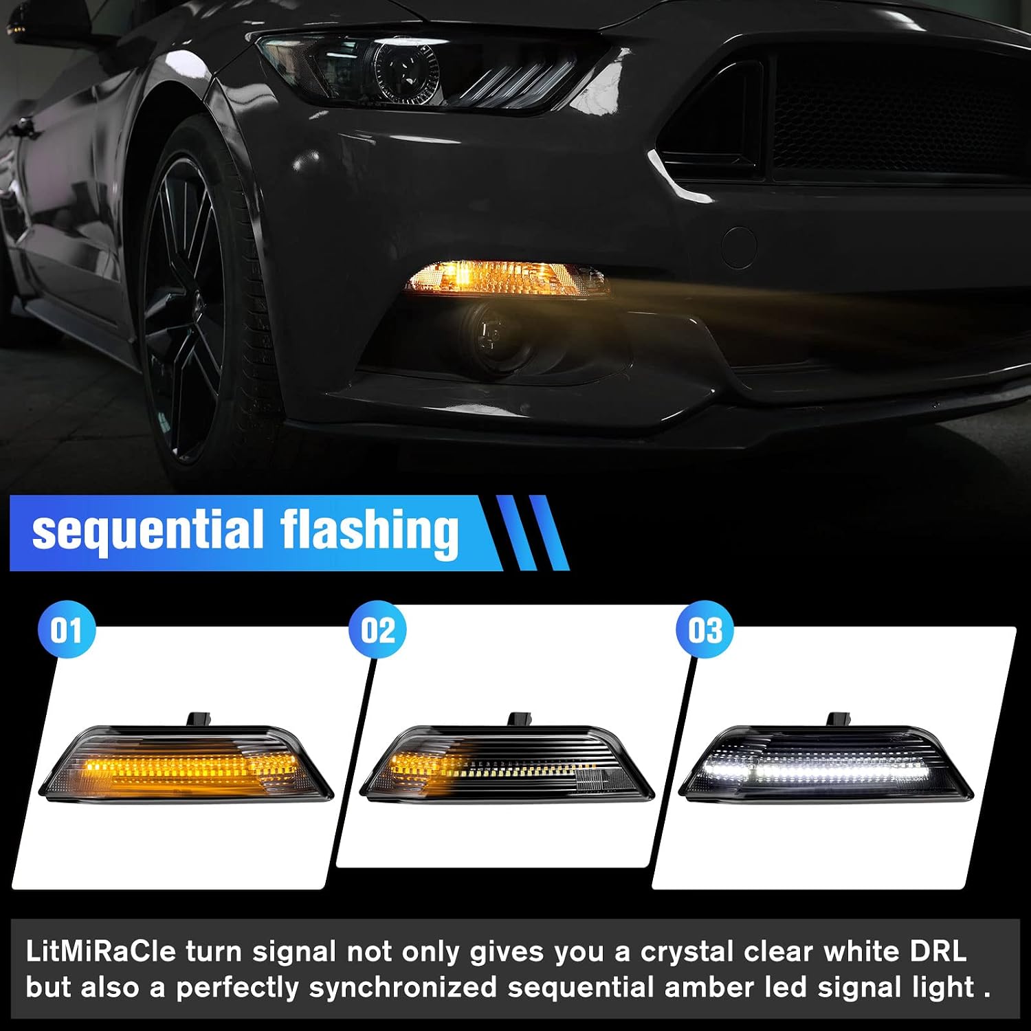 Blearen LED DRL Sequential Turn Signal Light Assembly for Ford Mustang 2015 2016 2017 US, Clear Lens Switchback White Running Light w/Amber Sequential Turn Signals, OEM Replacement, 2pcs