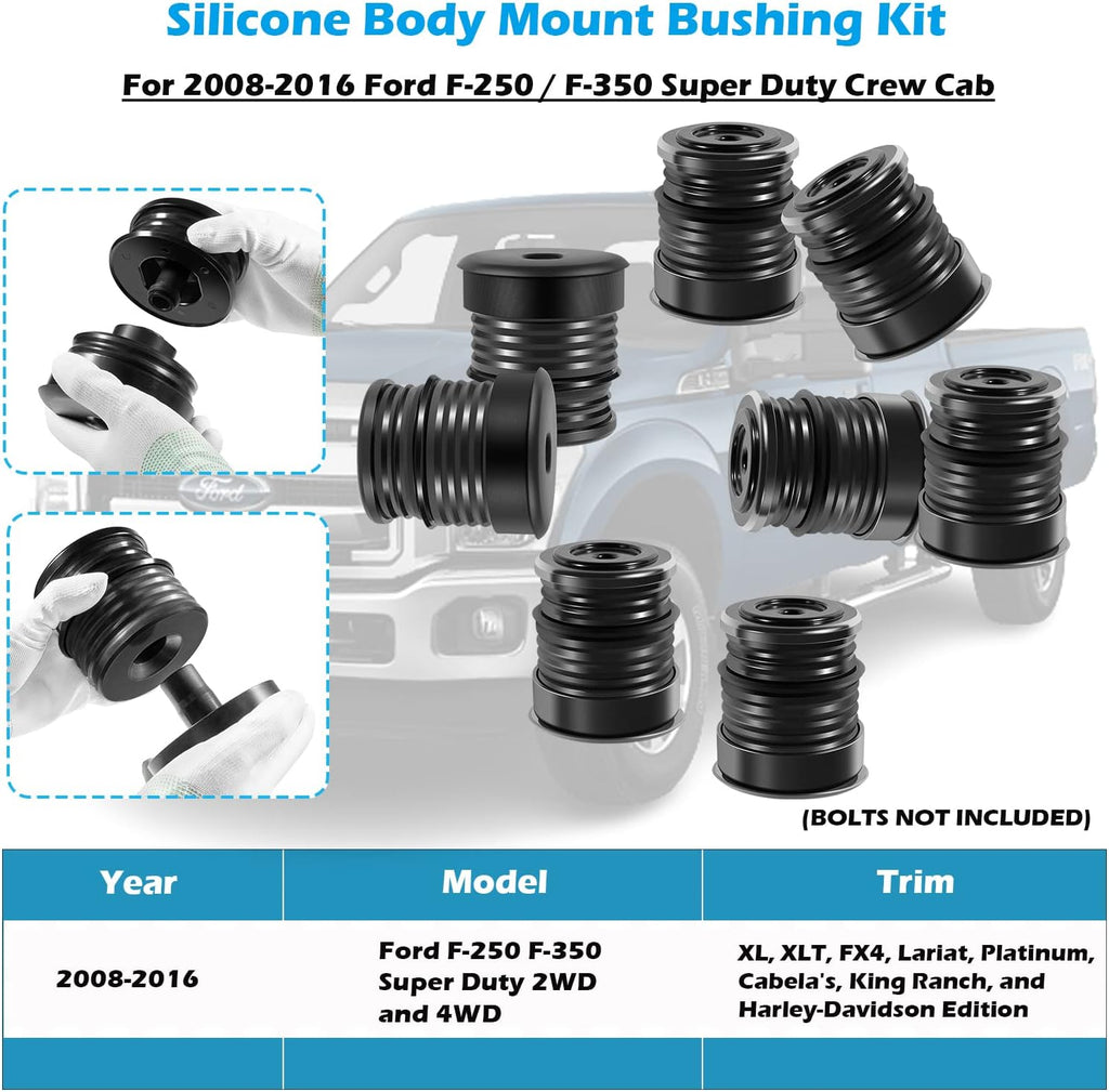 Blearen Silicone Body Mount Kit for Ford F-250 / F-350 Crew Cab 2008-2016, 8PCS Silicone Body Mount Bushings Kit Improve Bumpy Ride, Durable Components Outperforms OEM and PU Mounts