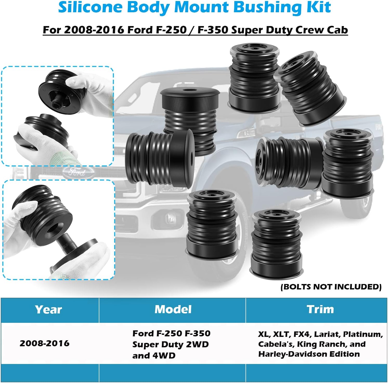 Blearen Silicone Body Mount Kit for Ford F-250 / F-350 Crew Cab 2008-2016, 8PCS Silicone Body Mount Bushings Kit Improve Bumpy Ride, Durable Components Outperforms OEM and PU Mounts