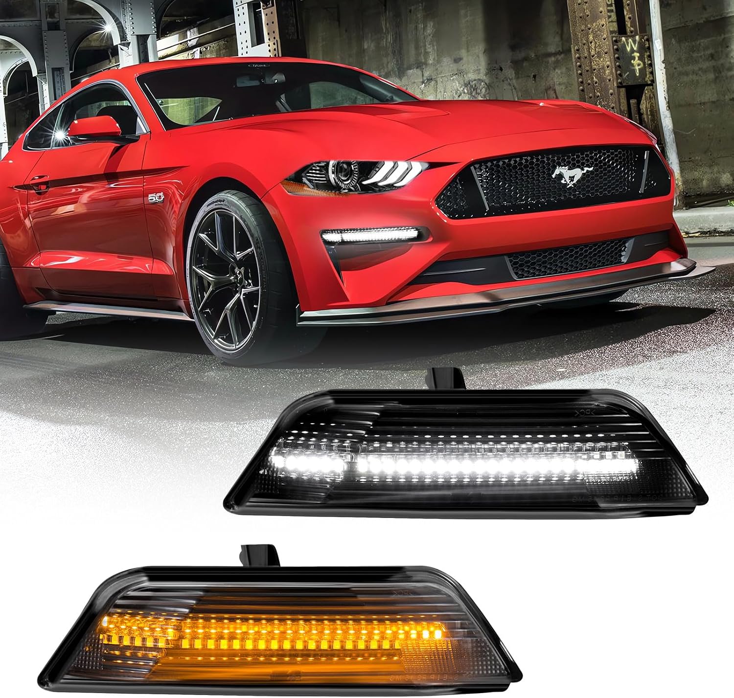 Blearen LED DRL Sequential Turn Signal Light Assembly for Ford Mustang 2015 2016 2017 US, Clear Lens Switchback White Running Light w/Amber Sequential Turn Signals, OEM Replacement, 2pcs