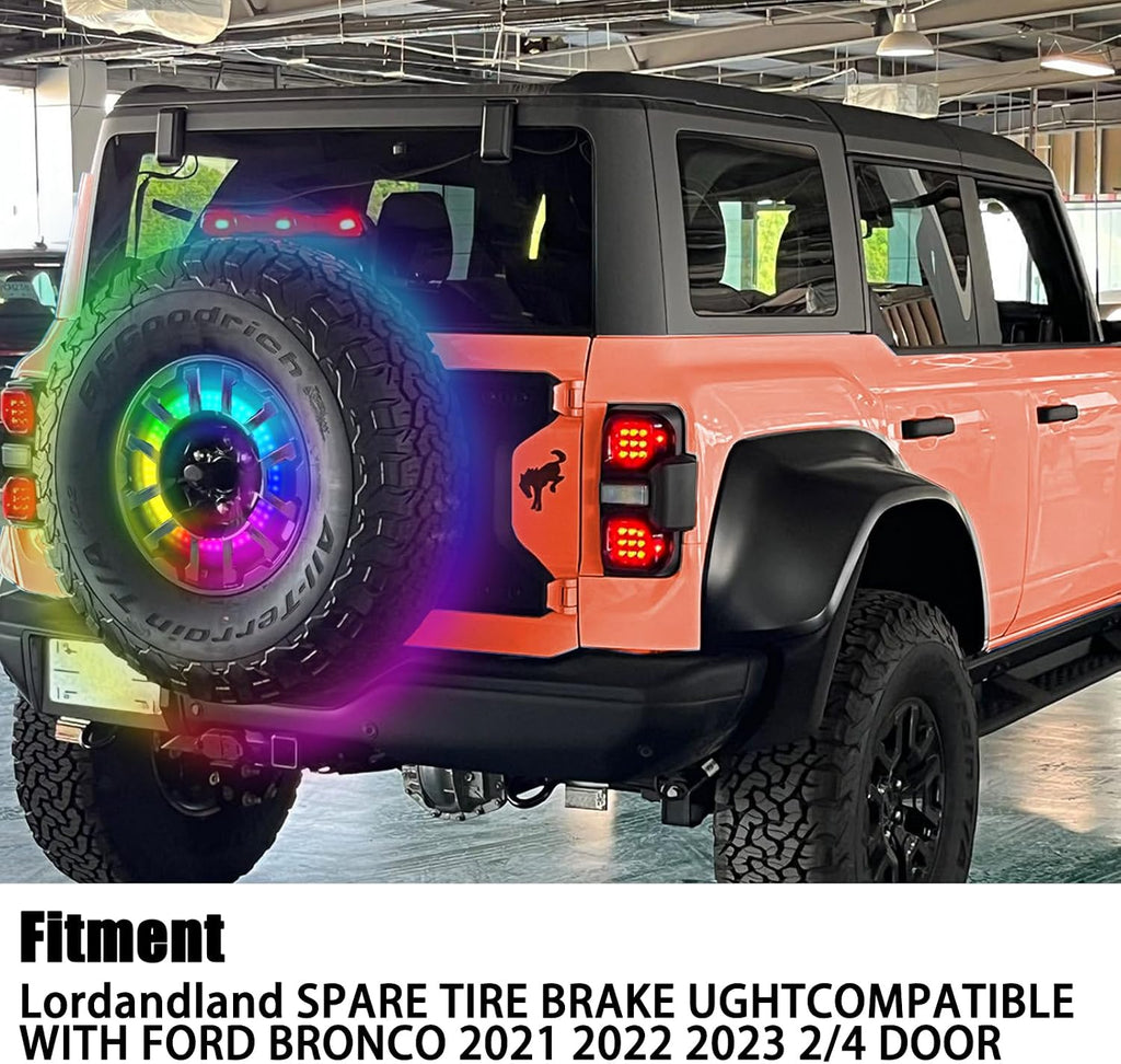Blearen RGB Spare Tire Brake Light for Ford Bronco 2021 2022 2023 2024 Bluetooth Control RGB Running Lights & Red LED 3rd Third Brake Light, Plug-N-Play Rear Wheel Lights, High Mount Rear Brake Tail Light