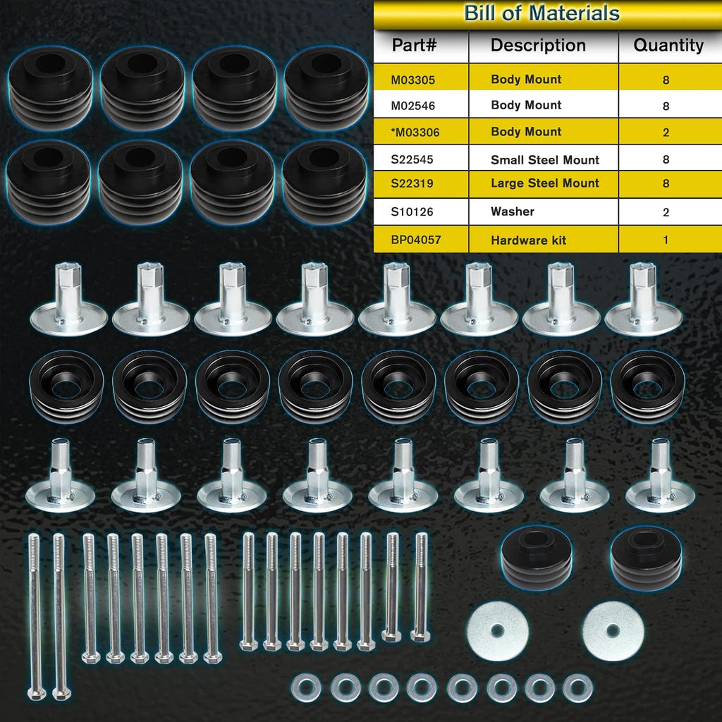 Blearen KF04058BK Body Cab Bushing Kit, Polyurethane Body Mount for Ford F250 F350 Super Duty 1999-2007 2WD 4WD Body Mounts with Steel Sleeves & Hardware - Improve Bumpy Ride