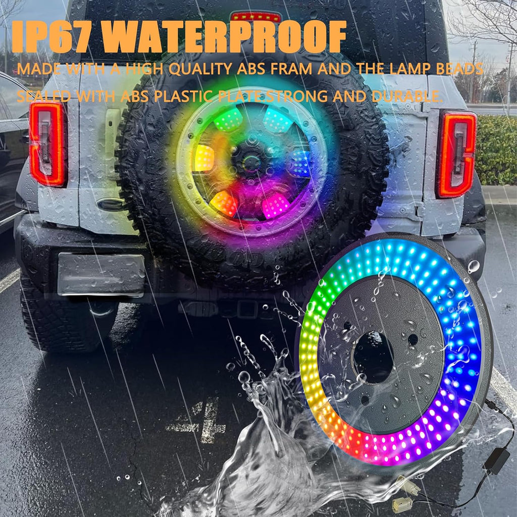 Blearen RGB Spare Tire Brake Light for Ford Bronco 2021 2022 2023 2024 Bluetooth Control RGB Running Lights & Red LED 3rd Third Brake Light, Plug-N-Play Rear Wheel Lights, High Mount Rear Brake Tail Light