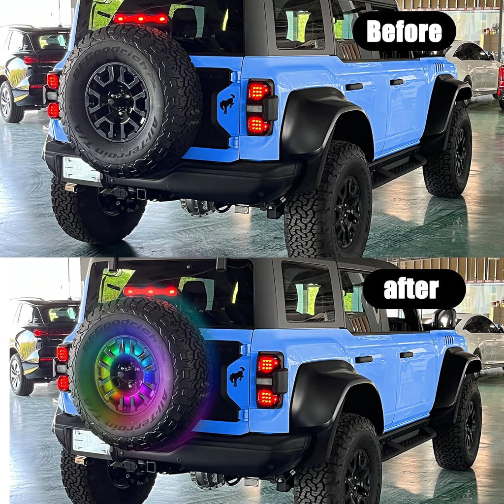 Blearen RGB Spare Tire Brake Light for Ford Bronco 2021 2022 2023 2024 Bluetooth Control RGB Running Lights & Red LED 3rd Third Brake Light, Plug-N-Play Rear Wheel Lights, High Mount Rear Brake Tail Light