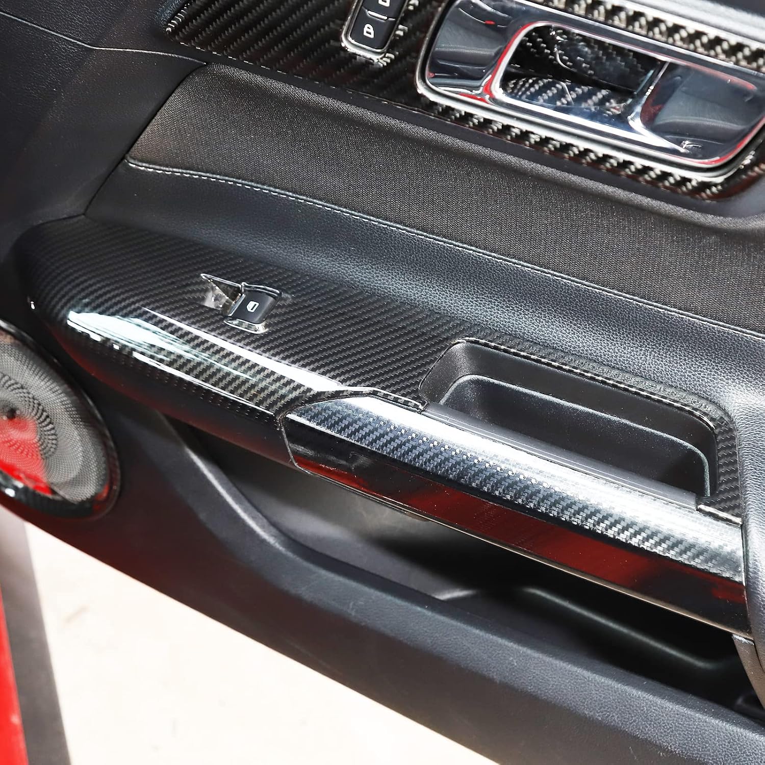 Blearen  Carbon Fiber Door Handle Window Lifter Control Switch Button Panel Cover Sticker Trim Interior Decoration Accessories for Ford Mustang 2015 2016 2017 2018 2019 2020 2021, 2 PCS