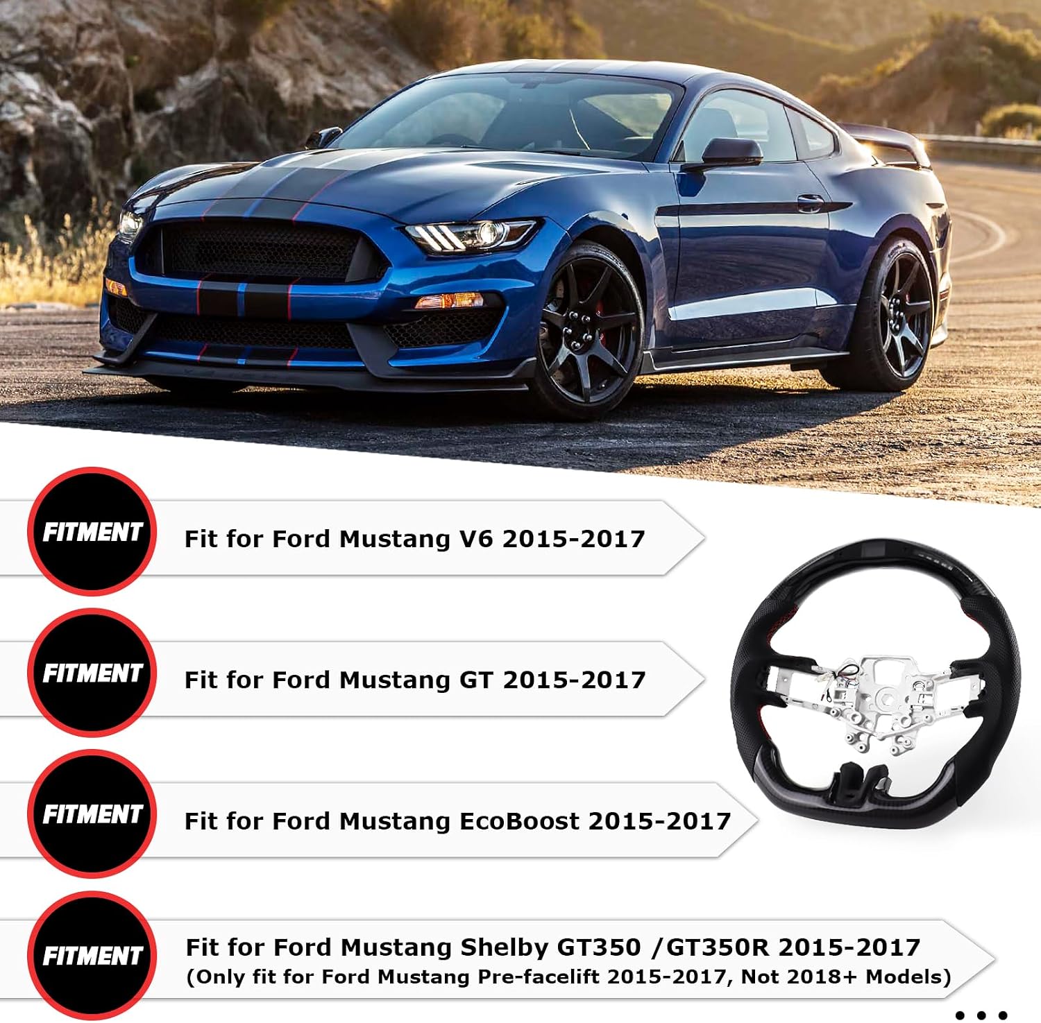 Blearen LOSCHEN Carbon Fiber Steering Wheel for Mustang EcoBoost/GT/Shelby GT350/GT350R 2015-2017, Real Carbon Fiber Nappa Perforated Leather, LED Display Shift Indicator Steering Wheel for Mustang 2015-2017