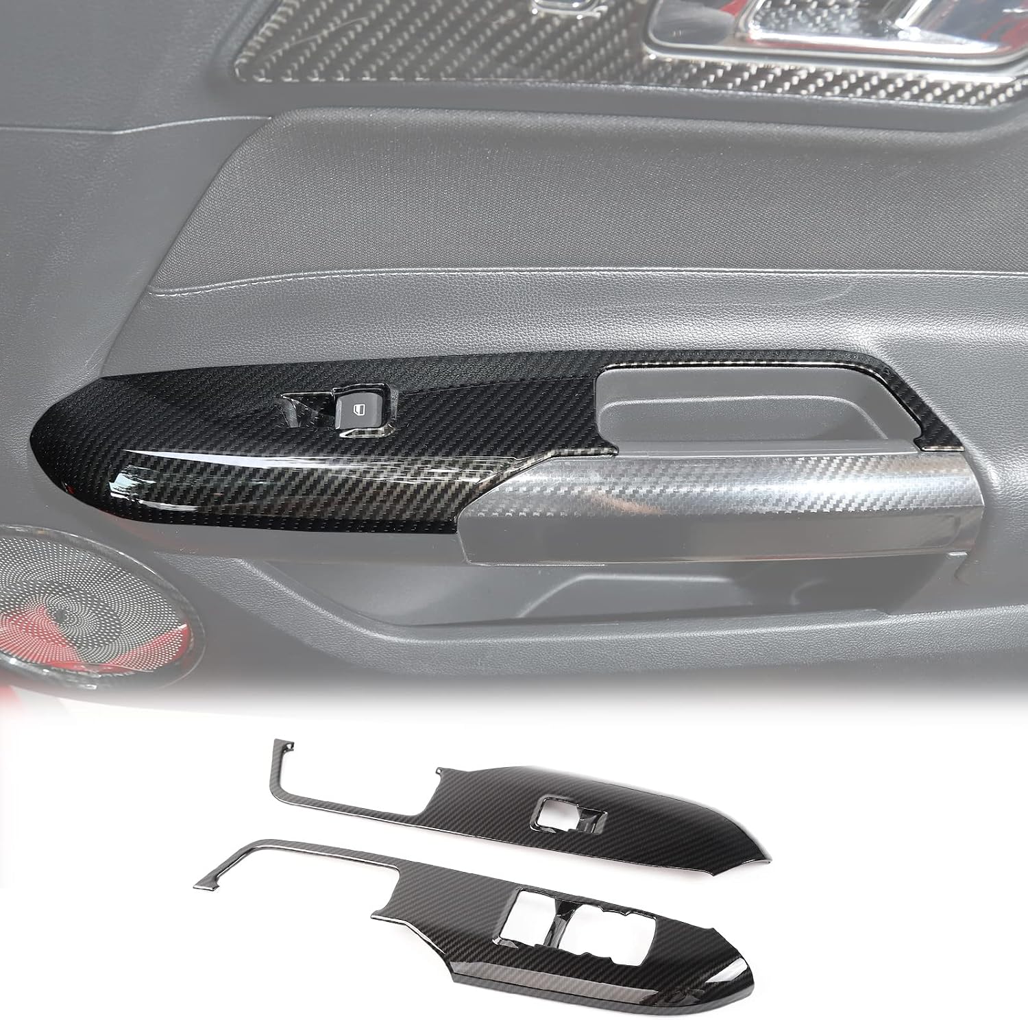 Blearen  Carbon Fiber Door Handle Window Lifter Control Switch Button Panel Cover Sticker Trim Interior Decoration Accessories for Ford Mustang 2015 2016 2017 2018 2019 2020 2021, 2 PCS