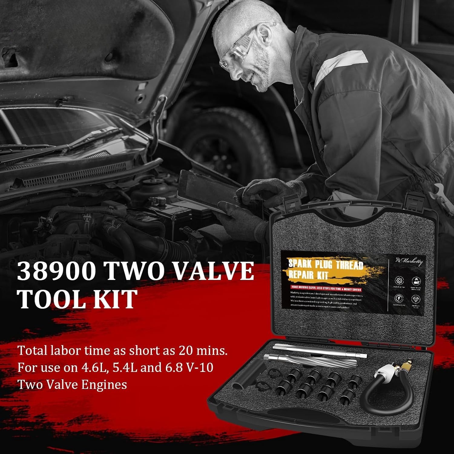 Blearen 38900 Two Valve Ford Triton Tool Kit, Foolproof Repair System, Black | Spark Plug Thread Repair Kit Compatible with 4.6L, 5.4L and 6.8 V-10 Ford Triton Two Valve Engines