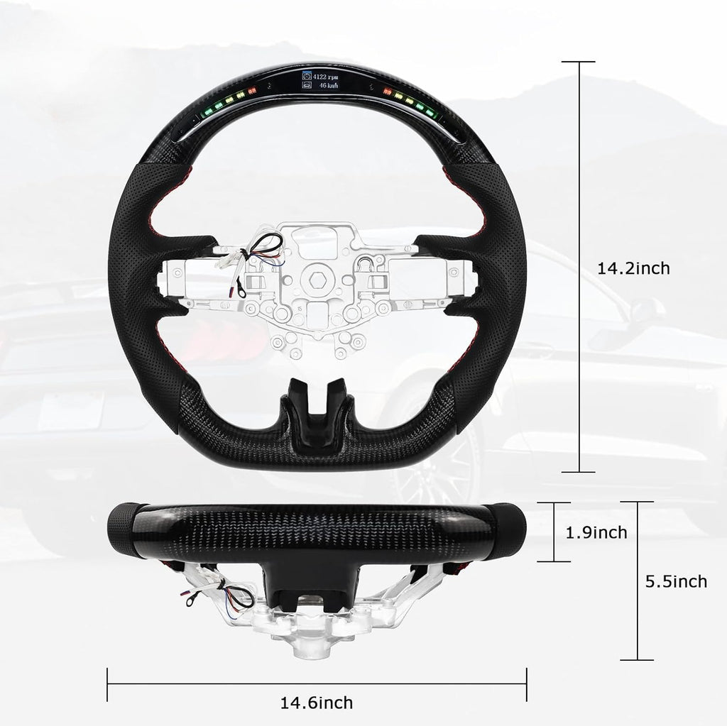Blearen LOSCHEN Carbon Fiber Steering Wheel for Mustang EcoBoost/GT/Shelby GT350/GT350R 2015-2017, Real Carbon Fiber Nappa Perforated Leather, LED Display Shift Indicator Steering Wheel for Mustang 2015-2017
