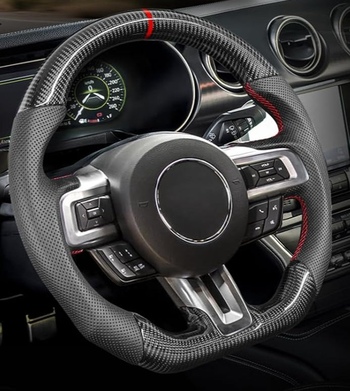 Blearen Real Carbon Fiber Steering Wheel for Ford Mustang 2018-2023 | D-Shape Flat Bottom, Premium Nappa Leather with Red Stripe & Hand-Stitching, for EcoBoost/GT/Shelby GT350&GT350R